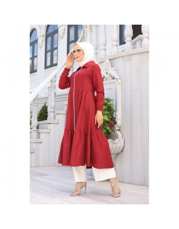 Veste zippée légère mi longue (Vetement ample pour femme voilée) - Couleur rouge bordeaux 