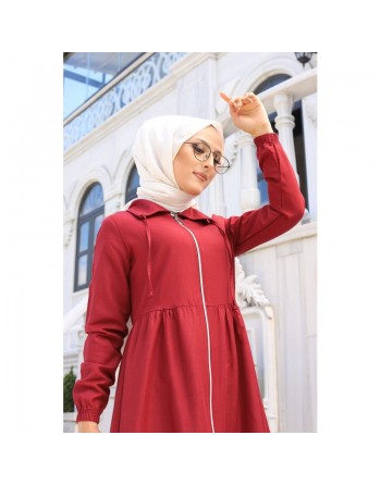 Veste zippée légère mi longue (Vetement ample pour femme voilée) - Couleur rouge bordeaux 
