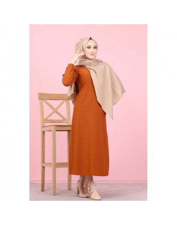 Robe casual décorée de boutons pour femme voilée (Modest Fashion France) - Couleur brique 