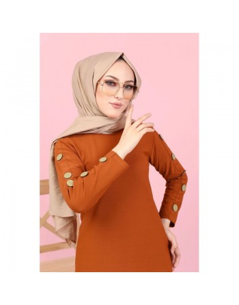 Robe casual décorée de boutons pour femme voilée (Modest Fashion France) - Couleur brique 