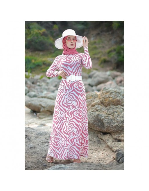 Robe longue avec imprimé original (Mode Hijab) - Couleur Rose et Blanc Robe longue avec imprimé original (Mode Hijab) - Couleur Rose et Blanc