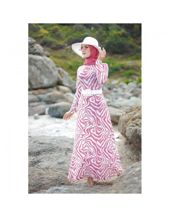 Robe longue avec imprimé original (Mode Hijab) - Couleur Rose et Blanc 