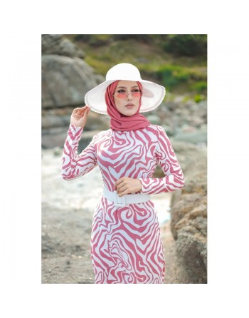 Robe longue avec imprimé original (Mode Hijab) - Couleur Rose et Blanc 