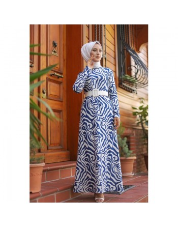 Robe longue avec imprimé effet vague (Hijab Street Turque) - Couleur Bleu et Blanc 