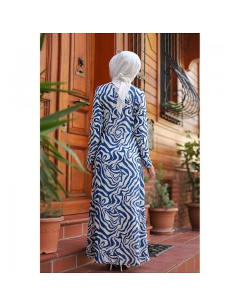 Robe longue avec imprimé effet vague (Hijab Street Turque) - Couleur Bleu et Blanc 