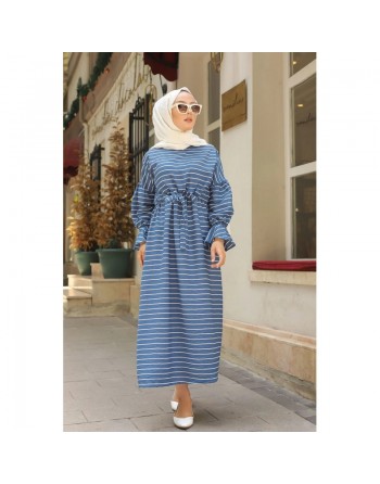 Robe longue à rayures avec ceinture pour femme voilée - Couleur bleu indigo 