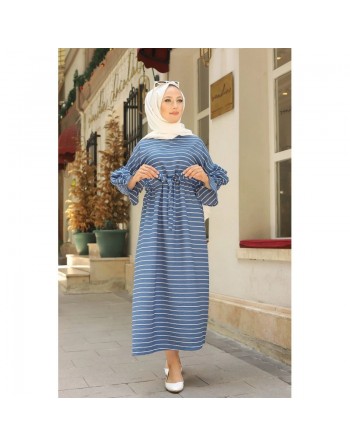 Robe longue à rayures avec ceinture pour femme voilée - Couleur bleu indigo 