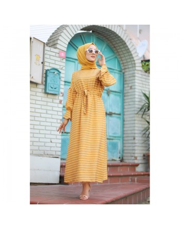 Robe longue à rayures avec ceinture pour femme voilée - Couleur moutarde 