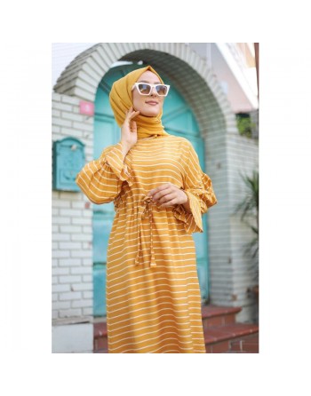 Robe longue à rayures avec ceinture pour femme voilée - Couleur moutarde 
