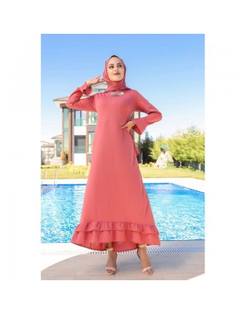 Robe très longue à volants (Abayas et vetements pour femmes voilées) - Couleur Rose 