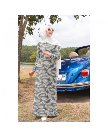 Robe longue imprimée motifs feuilles (Mode musulmane) - Couleur kaki 