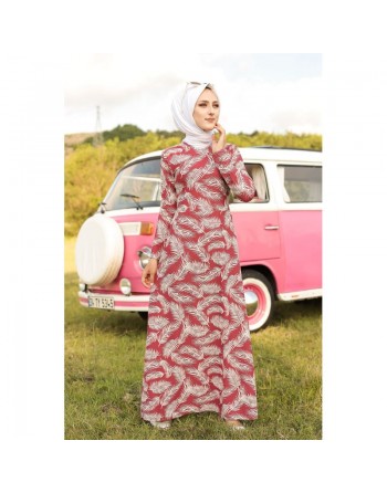 Robe longue imprimée motifs feuilles (Mode musulmane) - Couleur rose framboise 