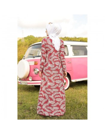 Robe longue imprimée motifs feuilles (Mode musulmane) - Couleur rose framboise 