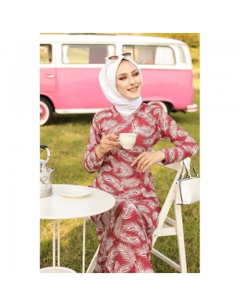 Robe longue imprimée motifs feuilles (Mode musulmane) - Couleur rose framboise 