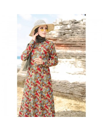 Robe longue fleurie sur un fond de couleur Kaki pour femme voilée (Boutique en ligne Modeste fashion France) 