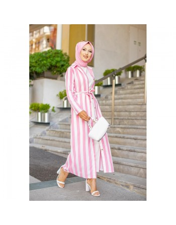 Robe à rayures boutonnée (ouverte) avec ceinture assortie (Vetement été femme voilée) - Couleur blanc et rose 