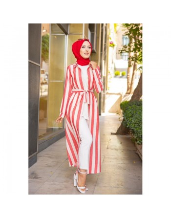 Robe à rayure boutonnée (ouverte) sur toute la longueur avec ceinture assortie pour femme (Vetement hijab été) - Couleur... 
