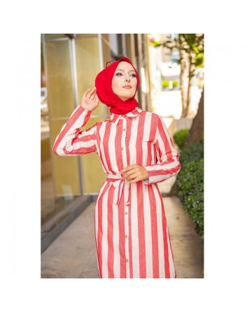 Robe à rayure boutonnée (ouverte) sur toute la longueur avec ceinture assortie pour femme (Vetement hijab été) - Couleur... 