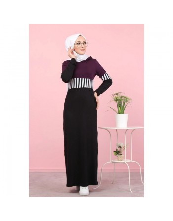 Robe moderne décontractée à capuche pour femme (Mode islamique et Sport-Wear) - Couleur noir blanc et prune 