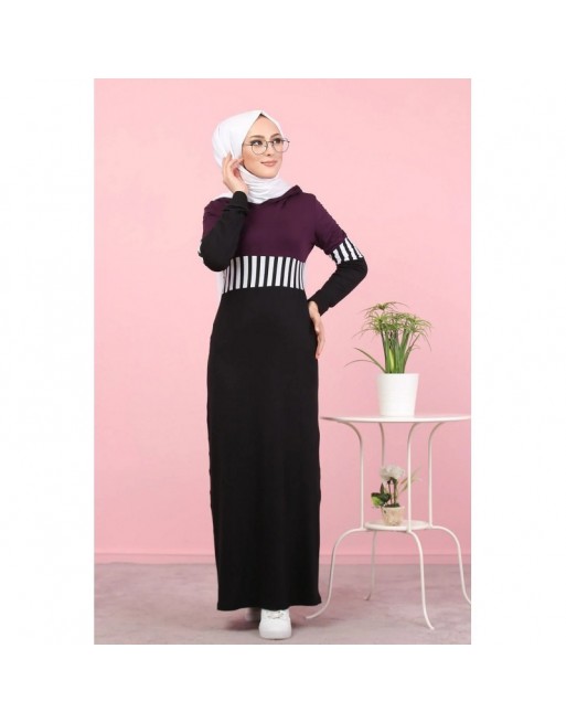Robe moderne décontractée à capuche pour femme (Mode islamique et Sport-Wear) - Couleur noir blanc et prune Robe moderne décontractée à capuche pour femme (Mode islamique et Sport-Wear) - Couleur noir blanc et prune