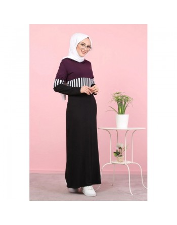 Robe moderne décontractée à capuche pour femme (Mode islamique et Sport-Wear) - Couleur noir blanc et prune 