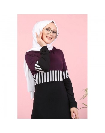 Robe moderne décontractée à capuche pour femme (Mode islamique et Sport-Wear) - Couleur noir blanc et prune 