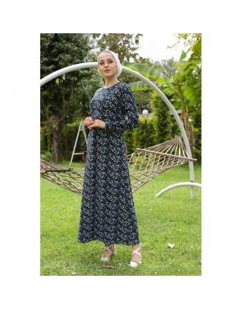 Robe fleurie évasée (imprimée fleurs) - Couleur bleue marine 