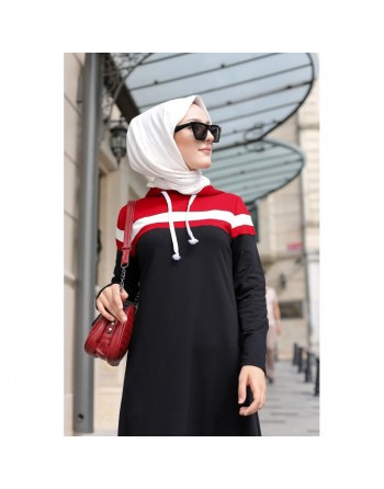 Robe à capuche style jeune et sportswear - Vêtement Hijab moderne pour femme musulmane - Couleur noir, blanc et bordeaux 