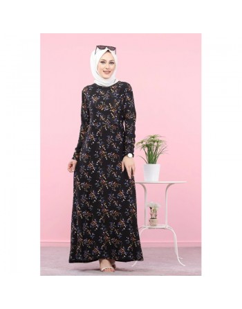 Robe longue fleurie (Vetement mastour pour femme voilée) - Couleur noire 
