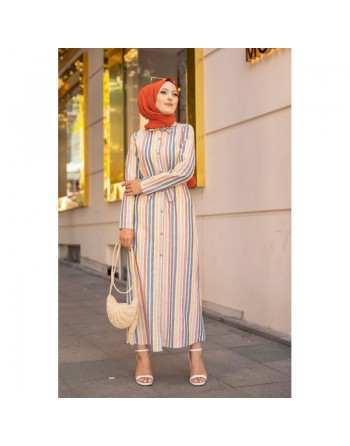 Robe chemise d'été longue à rayures (Vetement hijab chic pour femme) - Multi couleurs 
