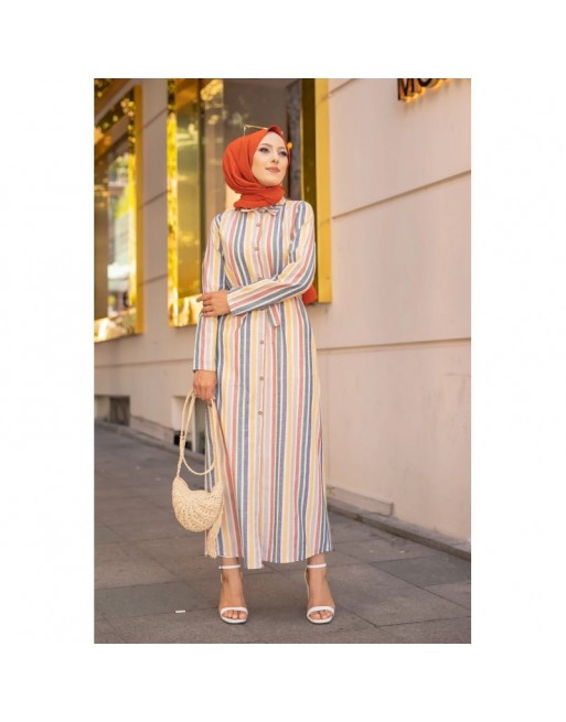 Robe chemise d'été longue à rayures (Vetement hijab chic pour femme) - Multi couleurs Robe chemise d'été longue à rayures (Vetement hijab chic pour femme) - Multi couleurs