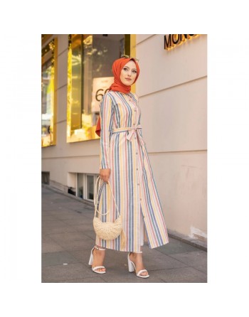 Robe chemise d'été longue à rayures (Vetement hijab chic pour femme) - Multi couleurs 