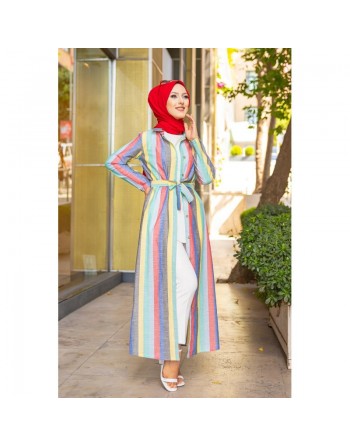 Robe entièrement boutonnée devant avec ceinture assortie (Vetement d'été femme voilée) - Rayures Rouge-Bleu-Gris-Jaune-Vert 