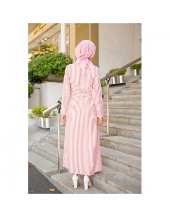 Robe à rayures entièrement boutonnée devant avec ceinture assortie (Vetement d'été femme voilée) - Couleur écru et... 