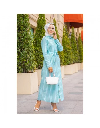 Robe à rayures boutonnée (ouverte) avec ceinture assortie (Vetement été femme voilée) - Couleur menthe 