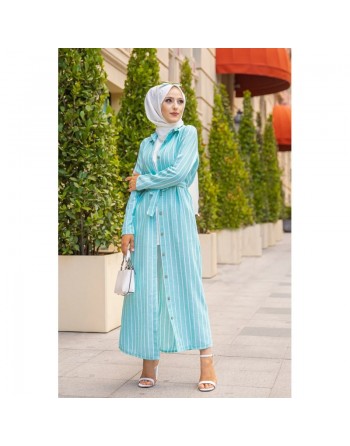 Robe à rayures boutonnée (ouverte) avec ceinture assortie (Vetement été femme voilée) - Couleur menthe 