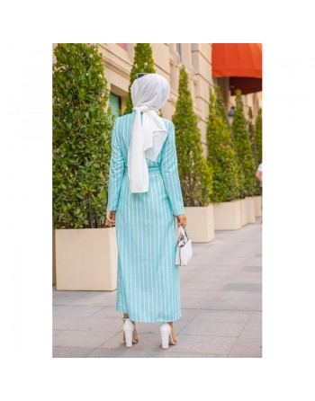 Robe à rayures boutonnée (ouverte) avec ceinture assortie (Vetement été femme voilée) - Couleur menthe 