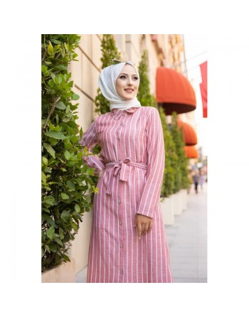 Robe à rayure boutonnée (ouverte) sur toute la longueur avec ceinture assortie (Vetement d'été femme hijab) - Couleur... 