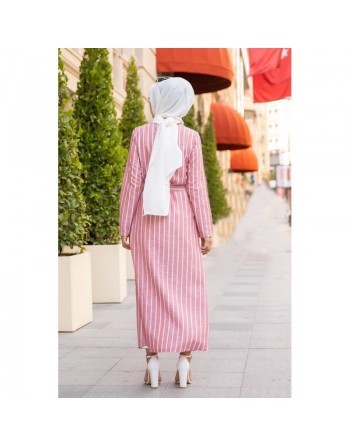 Robe à rayure boutonnée (ouverte) sur toute la longueur avec ceinture assortie (Vetement d'été femme hijab) - Couleur... 