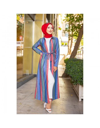 Robe entièrement boutonnée devant avec ceinture assortie (Vetement été femme voilée) - Couleur des rayures :... 