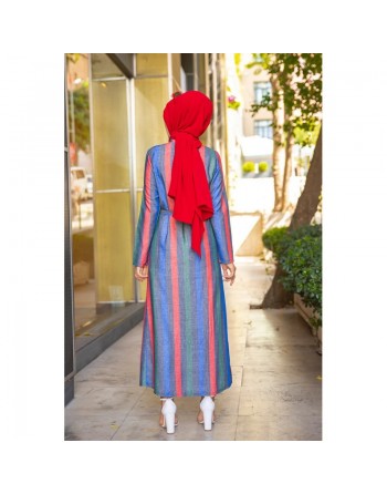 Robe entièrement boutonnée devant avec ceinture assortie (Vetement été femme voilée) - Couleur des rayures :... 