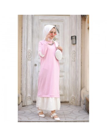 Robe longue moderne bi-couleur style décontracté (Robes pas cher femme voilée en ligne) - Couleur rose clair et blanc 