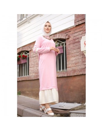 Robe longue moderne bi-couleur style décontracté (Robes pas cher femme voilée en ligne) - Couleur rose clair et blanc 