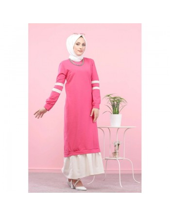 Robe longue moderne et décontractée bi-couleur pour femme voilée (Robes Hijab pas cher) - Couleur rose fuchsia et blanc 