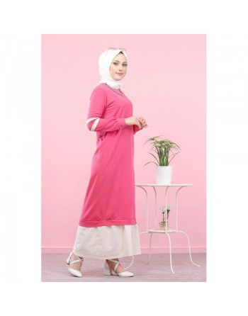Robe longue moderne et décontractée bi-couleur pour femme voilée (Robes Hijab pas cher) - Couleur rose fuchsia et blanc 