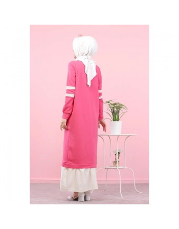 Robe longue moderne et décontractée bi-couleur pour femme voilée (Robes Hijab pas cher) - Couleur rose fuchsia et blanc 