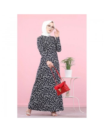 Robe longue évasée à motifs fleurs (Vente en ligne vetement femme musulmane) - Couleur bleu marine 