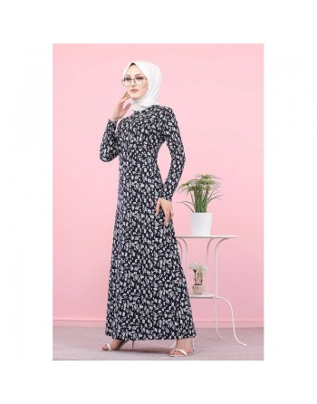 Robe longue évasée à motifs fleurs (Vente en ligne vetement femme musulmane) - Couleur bleu marine 