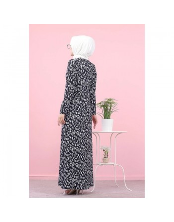 Robe longue évasée à motifs fleurs (Vente en ligne vetement femme musulmane) - Couleur bleu marine 