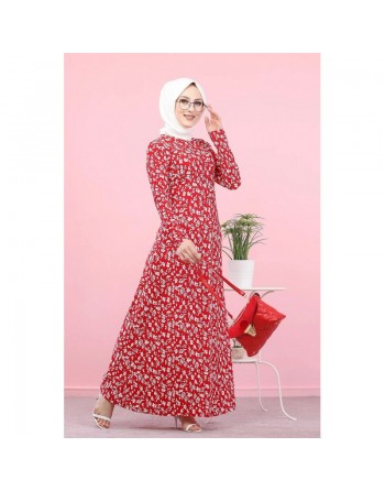 Robe longue évasée à motifs fleurs (Vente en ligne vetement femme musulmane) - Couleur rouge 